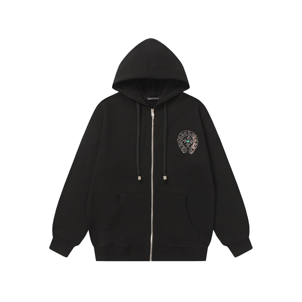 Chrome-Hearts Colorful Rhinestone Hoodie - Black Gothic Street Sweatshirt 2608