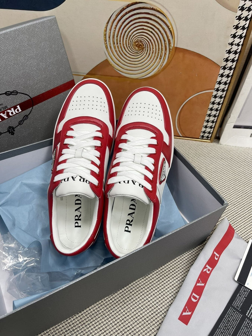 Prada Red and White Low-Top Sneakers